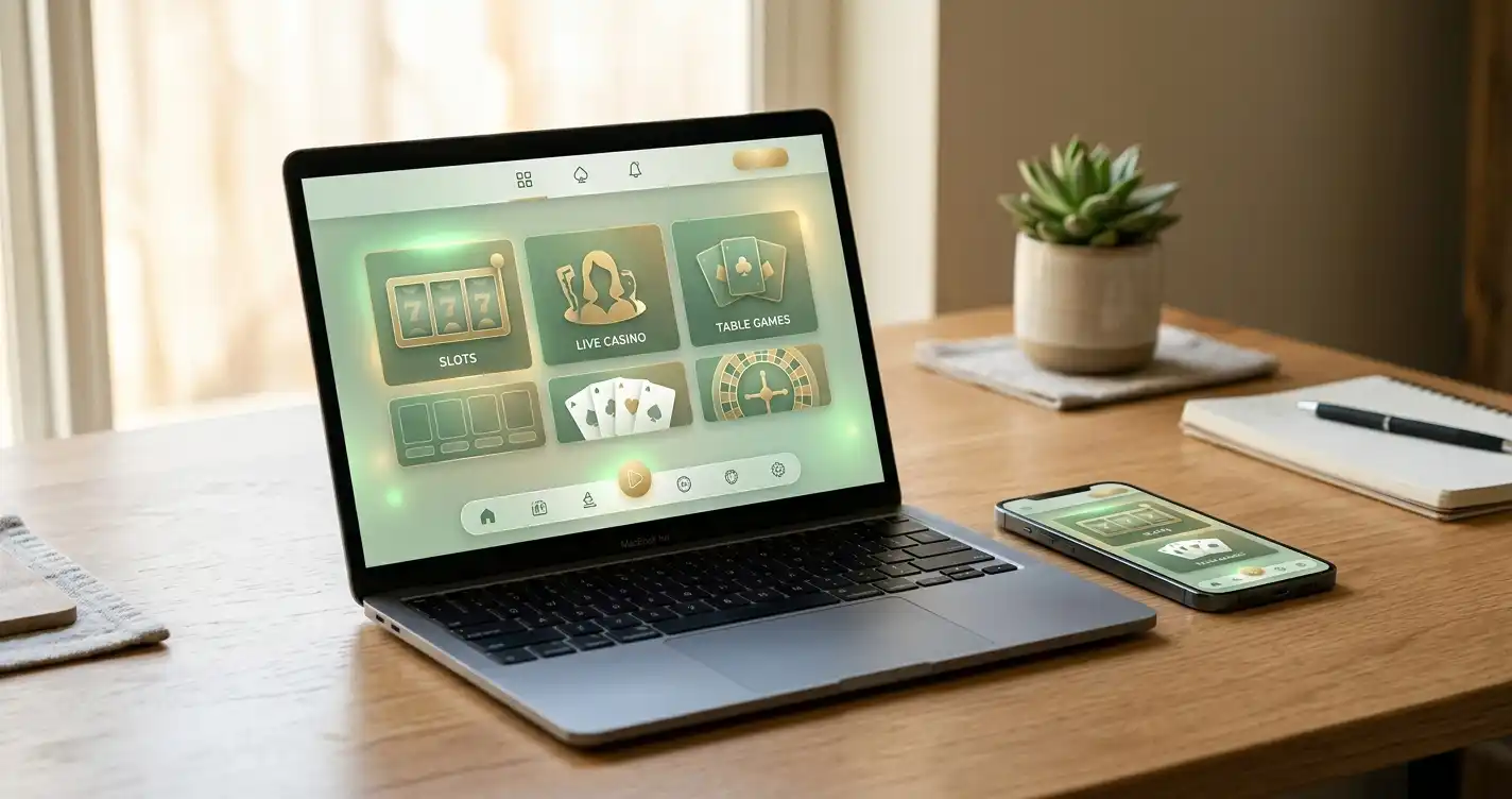 Laptop and phone displaying abstract casino game tiles on a neutral desk